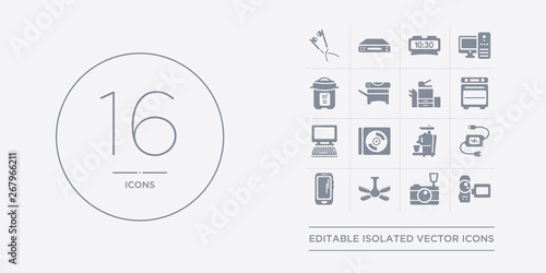 16 vector icons set such as camcorder, camera, ceiling fan, cell phone, charger contains cold-pressed juicer, compact disc, computer, convection oven. camcorder, camera, ceiling fan from electronic