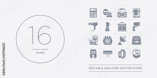 16 vector icons set such as 3d printer, activity tracker, air conditioner, air purifier, answering machine contains antenna, asic miner, baby monitor, barcode scanner. 3d printer, activity tracker,