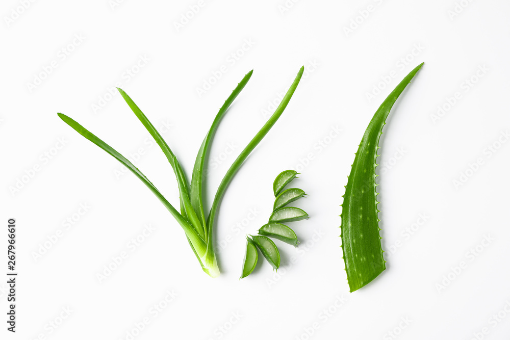 Aloe vera leaves and slices on white background, space for text. Natural treatment Aloe vera leaves and slices on white background, space for text. Natural treatment