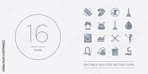 16 vector icons set such as hand washing, hard water, hoover, hot water, housekeeping contains hygroscopic, ironing, laundry, liquid. hand washing, hard water, hoover from cleaning outline icons photo