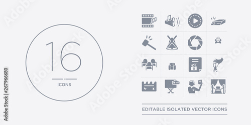 16 vector icons set such as premiere, producer, projector screen, prompt box, puppet contains scenario, seat, seats, shakespeare. premiere, producer, projector screen from cinema outline icons