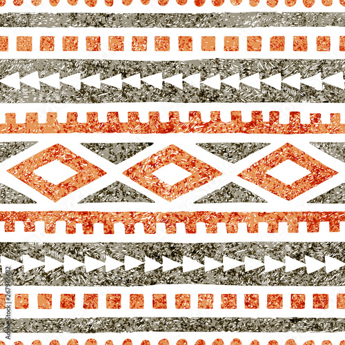 Seamless ethnic pattern. Geometric ornament drawn in pencil. Gray and orange shades on a white background. Vector illustration.
