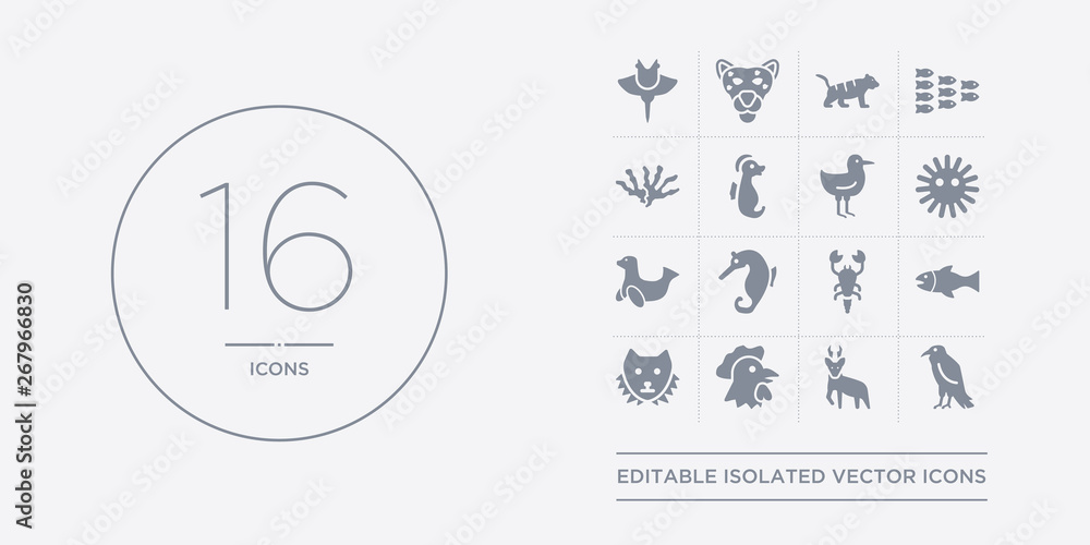 16 vector icons set such as raven, roe, rooster, sable, salmon contains  scorpion, sea horse, sea lion, sea urchin. raven, roe, rooster from animals  outline icons Stock Vector | Adobe Stock