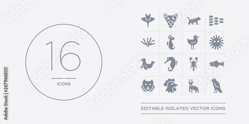 16 vector icons set such as raven, roe, rooster, sable, salmon contains scorpion, sea horse, sea lion, sea urchin. raven, roe, rooster from animals outline icons