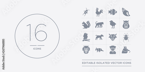 16 vector icons set such as ant eater, ape, armadillo, baboon, bedbug contains bison, calf, canary, capybara. ant eater, ape, armadillo from animals outline icons