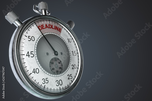 Stopwatch with deadline text on a gray background. HiRes detailed 3D render.