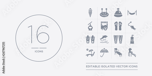 16 vector icons set such as aqua park, beach chair, beach umbrella, deck chairs and sun, dispenser contains diving fins, dolphin on water waves, fins, fish and hook. aqua park, beach chair, umbrella