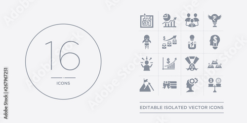 16 vector icons set such as franchise, gears, gift voucher, goal, gold ingots contains gold medal, grow, happiness, idea. franchise, gears, gift voucher from success outline icons
