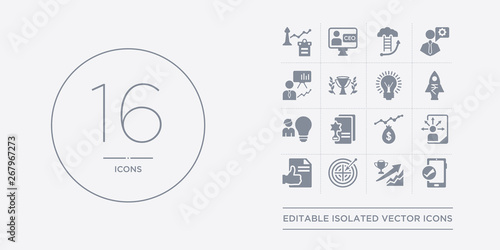 16 vector icons set such as accept, achievement, aim, approval, attitude contains balance, best, brainstorm, budget. accept, achievement, aim from success outline icons