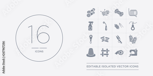 16 vector icons set such as tailoring machine, tape, textile, thimble, thread contains thread nippers, thread spool, threader, threading. tailoring machine, tape, textile from sew outline icons