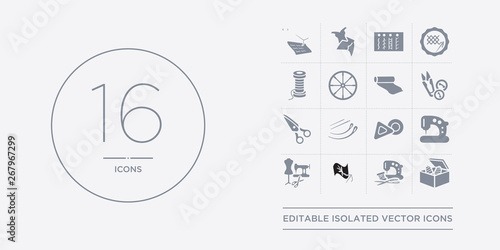 16 vector icons set such as sewing box, sewing clip art, sewing craft, equipment, machine contains marker, needles, scissors, tools. box, clip art, craft from sew outline icons