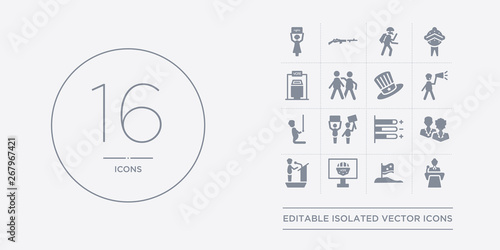 16 vector icons set such as political candidate speech, political flag, political publicity on monitor screen, speech, politicians contains poll, protest, slavery, supporter. candidate speech, flag,