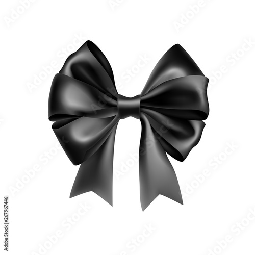 Stylish black bow tie from satin material. Wedding ceremony accessory isolated on white background. Realistic formal wear for official event. Elegant clothes object from silk vector illustration.