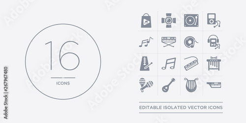 16 vector icons set such as keytar, lyre, mandolin, maraca, marimba contains melodica, melody, metronome, mp3. keytar, lyre, mandolin from music outline icons