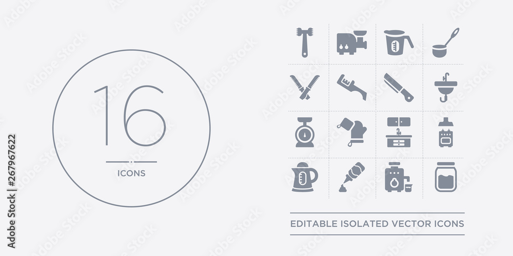 16 vector icons set such as jar, juicer, ketchup, kettle, kitchen contains kitchen cabinet, kitchen mitten, scale, tap. jar, juicer, ketchup from outline icons 16 vector icons set such as jar, juicer, ketchup, kettle, kitchen contains kitchen cabinet, kitchen mitten, scale, tap. jar, juicer, ketchup from outline icons