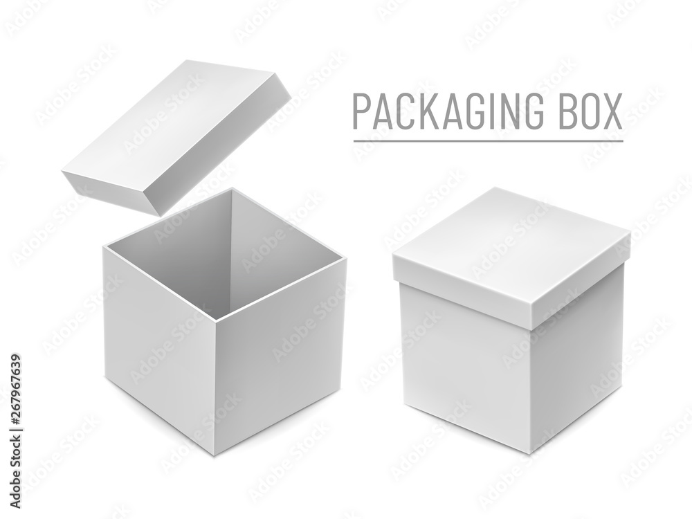 Opened and closed cardboard boxes mockups. Realistic white rectangle box for cosmetic products branding. Blank packaging box with cap isolated on white background 3d rendering vector illustration. Opened and closed cardboard boxes mockups. Realistic white rectangle box for cosmetic products branding. Blank packaging box with cap isolated on white background 3d rendering vector illustration.