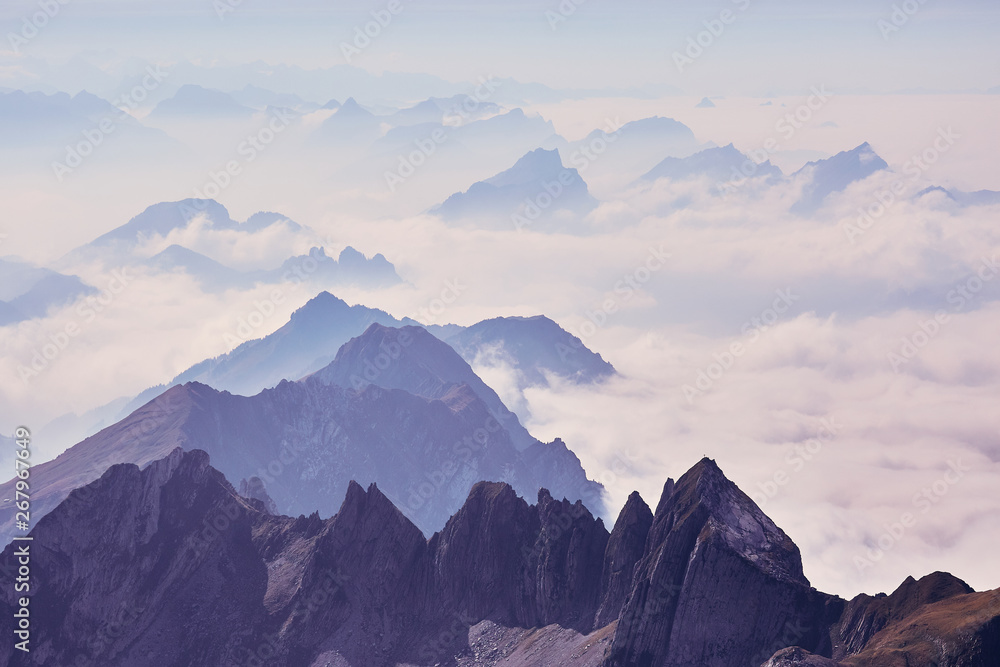 Obraz premium View from Säntis into the surrounding mountain landscape