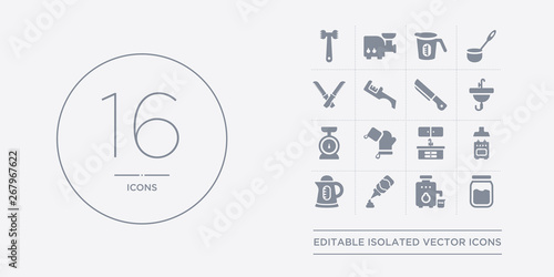 16 vector icons set such as jar, juicer, ketchup, kettle, kitchen contains kitchen cabinet, kitchen mitten, scale, tap. jar, juicer, ketchup from outline icons