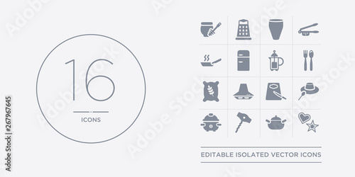 16 vector icons set such as cookie cutter, cooking pot, corkscrew, crock-pot, custard cup contains cutting board, extractor hood, flour, fork. cookie cutter, cooking pot, corkscrew from kitchen