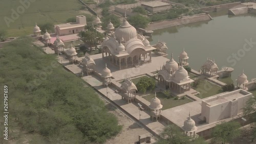 Ancient India temples Kusum Sarovar, Manasi Ganga, U.P., 4k aerial ungraded/flat photo