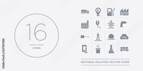 16 vector icons set such as assembly line, chemicals, chimney, clamp, co2 contains coal, derrick, drilling, drilling machine. assembly line, chemicals, chimney from industry outline icons