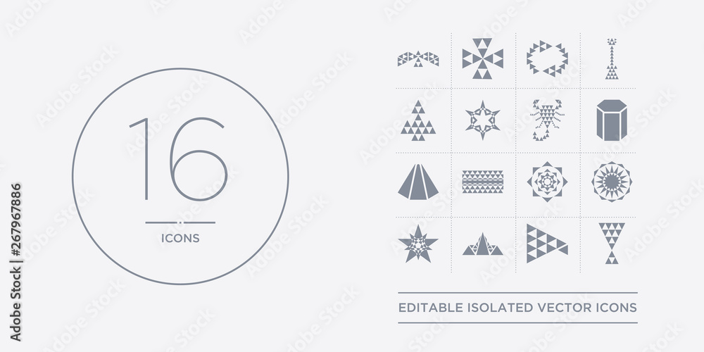 16 vector icons set such as polygonal martini glass shape, polygonal megaphone, polygonal mountains, multiple stars, ornament contains ornament of hexagons and triangles, ornamental shape of 16 vector icons set such as polygonal martini glass shape, polygonal megaphone, polygonal mountains, multiple stars, ornament contains ornament of hexagons and triangles, ornamental shape of