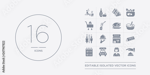 16 vector icons set such as reception bell, receptionist, rent a car, reservation, reserved contains restaurant, restaurant tray, restroom, rice. reception bell, receptionist, rent a car from hotel