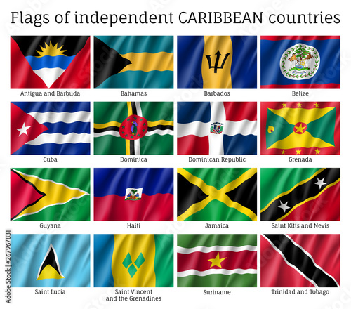 Wavy flags of independent Caribbean countries. Officially recognized flags of states isolated on white background. Realistic patriotic symbols vector illustration. National and political identity.