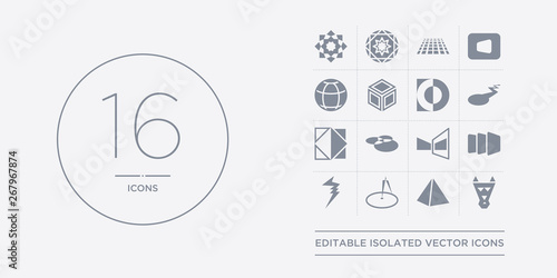 16 vector icons set such as polygonal wolf head, prism, radius, ray, rectangle contains reflection, rgb, rhombus, segment. polygonal wolf head, prism, radius from geometry outline icons