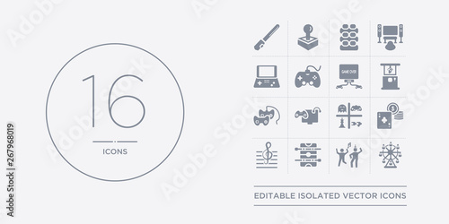 16 vector icons set such as ferris wheel, festival, foosball, g clef, gambling contains game, game console, game controller, machine. ferris wheel, festival, foosball from entertainment outline