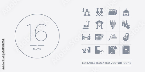 16 vector icons set such as ace of spades, air hockey, arcade, arcade game, arcade machine contains billiards, bingo, board games, bowling. ace of spades, air hockey, from outline icons