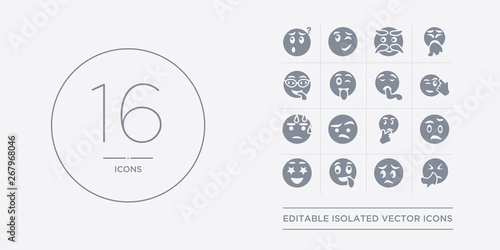 16 vector icons set such as sneezing emoji, stress emoji, stupid emoji, surprise surprised contains suspect suspicious sweating thinking sneezing stress stupid from outline icons