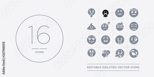 16 vector icons set such as laughing emoji, liar emoji, love emoji, lying monocle contains muted nauseated nerd nervous laughing liar love from outline icons