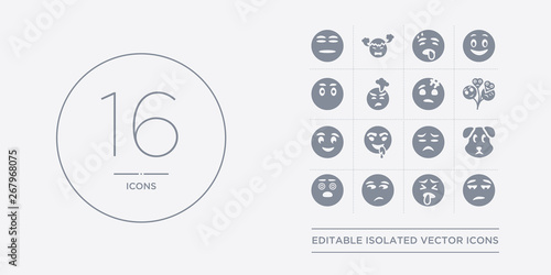 16 vector icons set such as disappointed emoji, disgusted emoji, dissapointment emoji, dizzy dog contains downcast with sweat drool embarrassed disappointed disgusted dissapointment from outline
