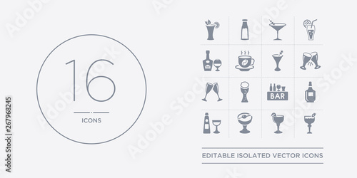 16 vector icons set such as daiquiri, french 75, manhattan drink, sidecar drink, alcohol contains bar, beer, champagne, cheers. daiquiri, french 75, manhattan drink from drinks outline icons