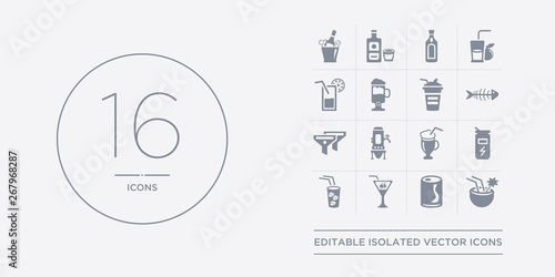 16 vector icons set such as coconut drink, coke, cosmopolitan, cuba libre, energy drink contains espresso, fermentation, filtration, fish skeleton. coconut drink, coke, cosmopolitan from drinks