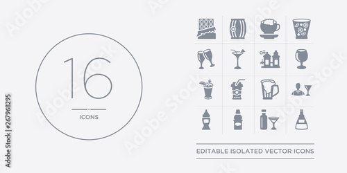 16 vector icons set such as absinthe, alcoholic drink, apple juice, baby bottle, bartender contains beer mug, beverage, bloody mary, brandy glass. absinthe, alcoholic drink, apple juice from drinks