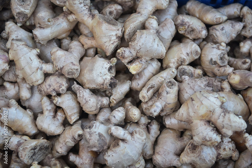 Freshly harvested ginger for sale and cooking ingredients.