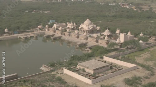 Ancient India temples Kusum Sarovar, Manasi Ganga, U.P., 4k aerial ungraded/flat photo