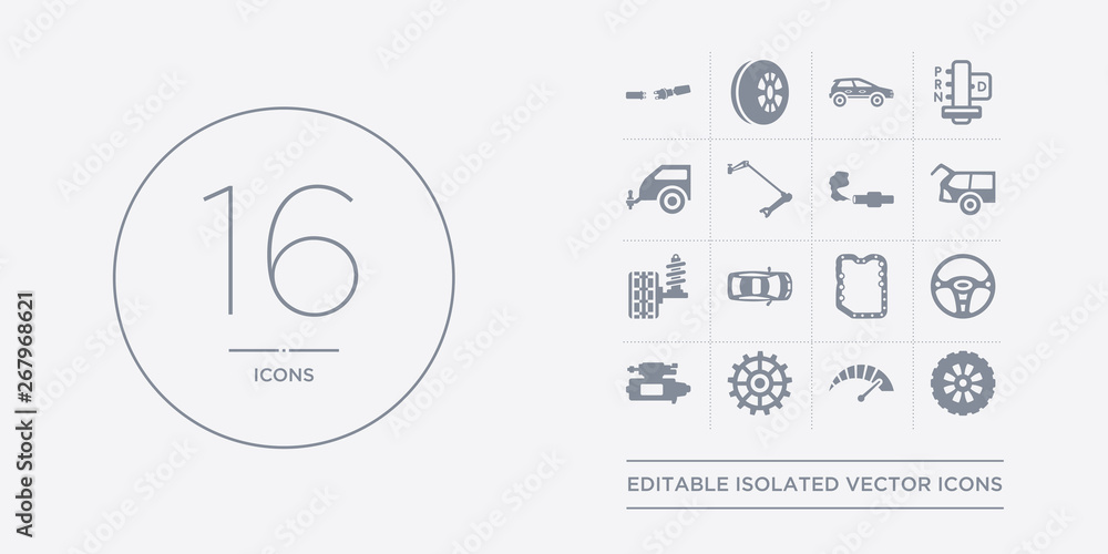 16 vector icons set such as car spare wheel, car speedometer, car sprocket, starter, steering wheel contains sump, sunroof or sunshine roof, suspension, tailgate. spare wheel, speedometer, sprocket 16 vector icons set such as car spare wheel, car speedometer, car sprocket, starter, steering wheel contains sump, sunroof or sunshine roof, suspension, tailgate. spare wheel, speedometer, sprocket