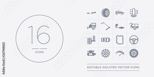 16 vector icons set such as car spare wheel, car speedometer, car sprocket, starter, steering wheel contains sump, sunroof or sunshine roof, suspension, tailgate. spare wheel, speedometer, sprocket