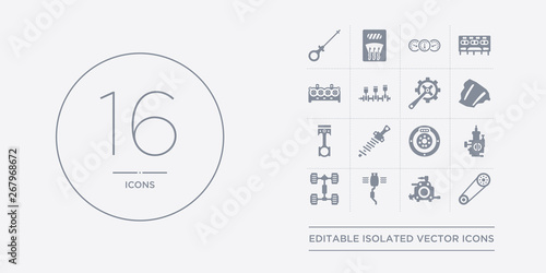 16 vector icons set such as car camshaft, car carburettor, car catalytic converter, chassis, choke contains clutch, coil, connecting rod, cowl. camshaft, carburettor, catalytic converter from parts