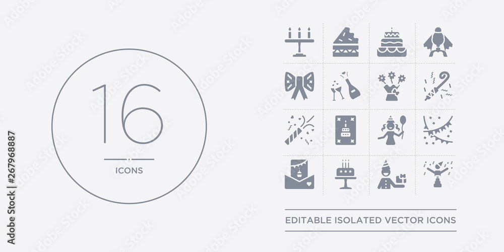 16 vector icons set such as birthday, birthday boy, birthday cake, card, flag contains girl, invitation, rocket, blower. boy, cake from and party outline icons 16 vector icons set such as birthday, birthday boy, birthday cake, card, flag contains girl, invitation, rocket, blower. boy, cake from and party outline icons