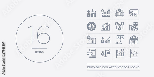 16 vector icons set such as average (arithmetic mean), average earnings growth, balance of payments, balance sheet, bank of england contains bank of england's inflation report, banker's draft, base