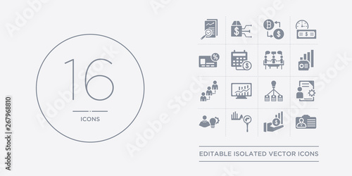 16 vector icons set such as business accounts, actively managed funds, actuary, administration, after-hours dealing contains allocation rate, alternative investment market, annual bonus, annual
