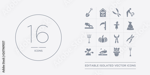 16 vector icons set such as pitchfork, plant, plant seeds, plant sprout, pruners contains pruning shears, pumpkin, rake, sack. pitchfork, seeds from agriculture, farming outline icons