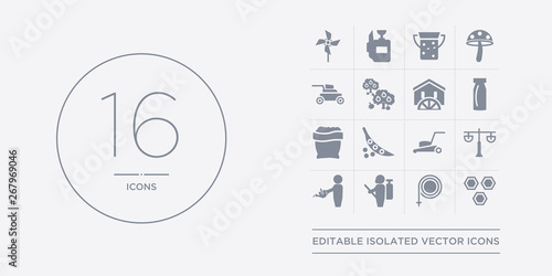 16 vector icons set such as honeycomb, hose, insecticide, irrigation, lamppost contains lawn mower, legume, manure, milk bottle. honeycomb, hose, insecticide from agriculture, farming outline icons