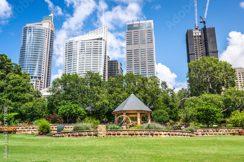 Gazebo in Sydney Royal botanic garden in front of Sydney buildings skyline in Australia