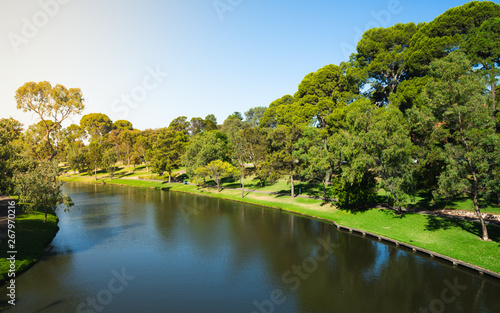 Torrens river and riverbank garden and promenade view in Adelaide Australia