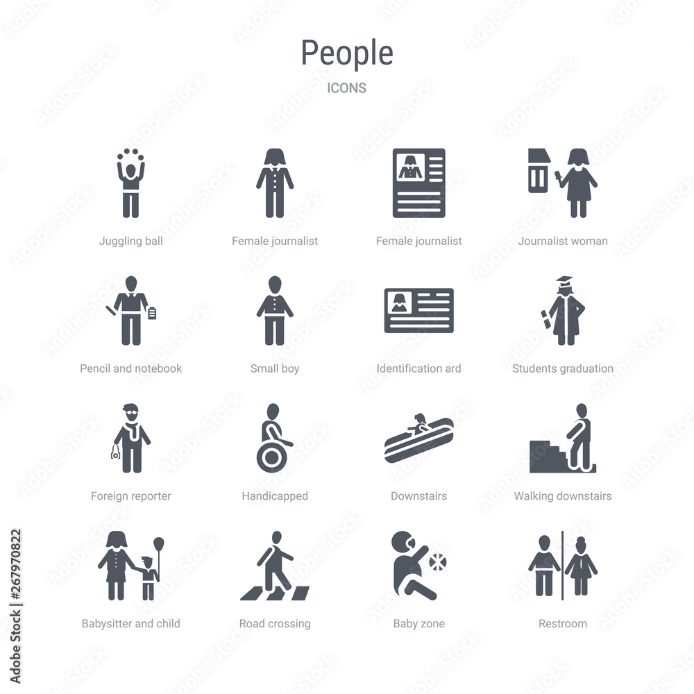 set of 16 vector icons such as restroom, baby zone, road crossing, babysitter and child, walking downstairs, downstairs, handicapped, foreign reporter from people concept. can be used for web, logo, set of 16 vector icons such as restroom, baby zone, road crossing, babysitter and child, walking downstairs, downstairs, handicapped, foreign reporter from people concept. can be used for web, logo,